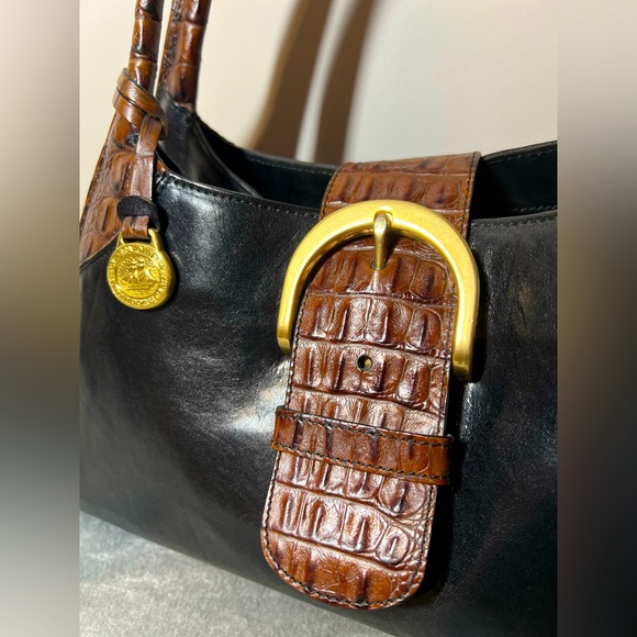 Brahmin Satchel Black and Brown croc embossed leather bag in EUC - Picture 3 of 11
